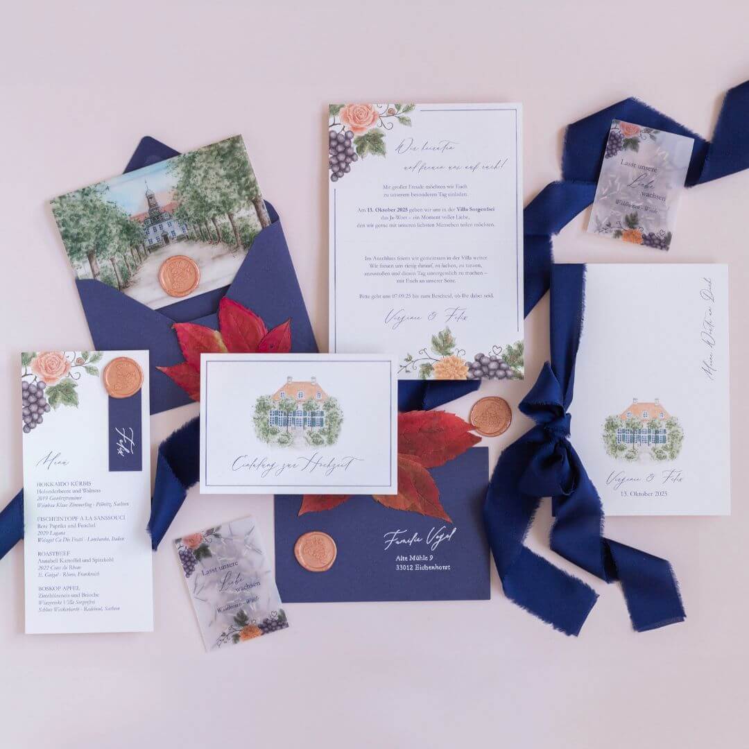 handgemalte-individuelle-hochzeitseinladung-aquarell-villa-Sorgenfrei-3 individuelle Hochzeitspapeterie mit handgemalten Illustrationen von Wein und Rosen und Villa Sorgenfrei in Radebeul