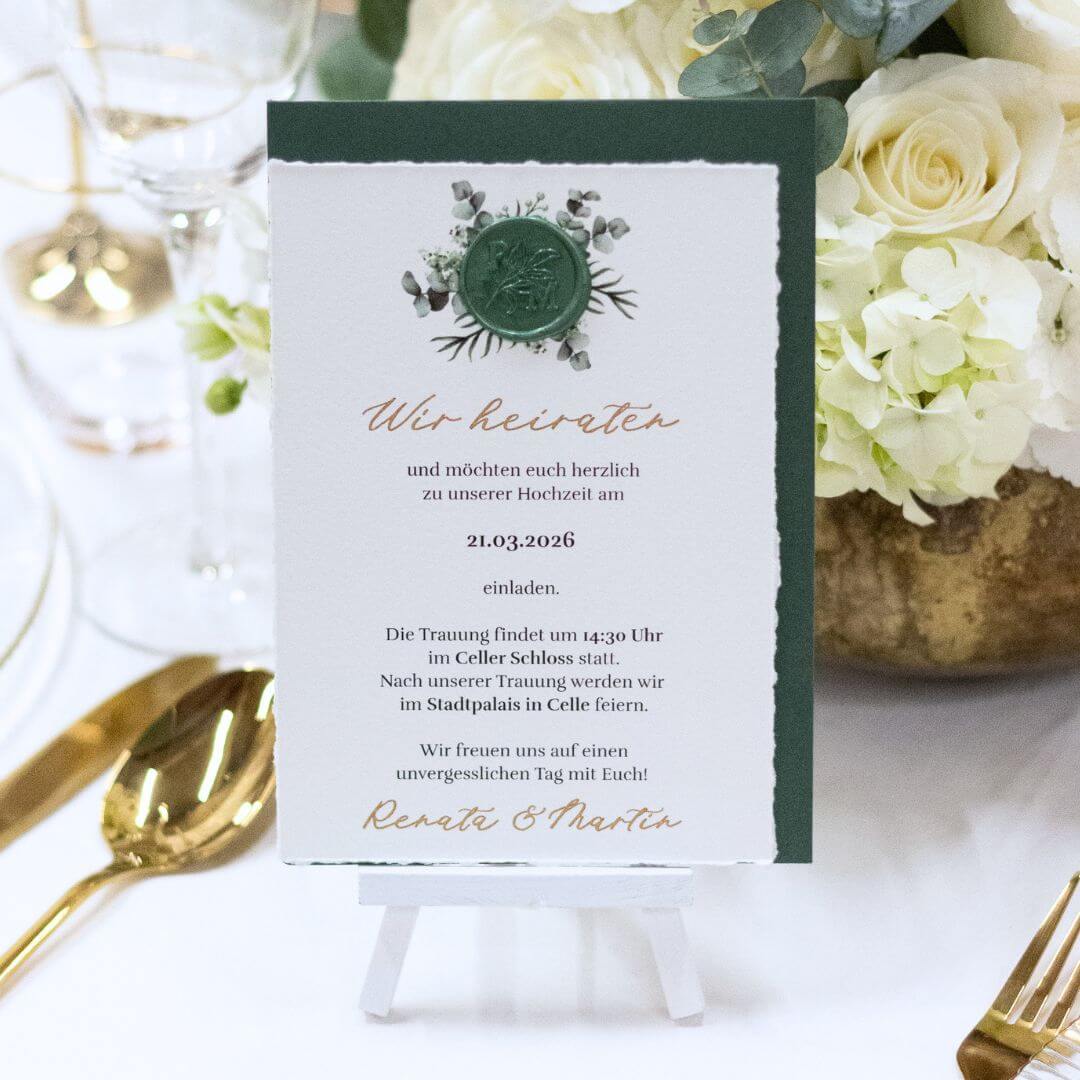 Hochzeitseinladung mit Siegel für Hochzeit mit Eukalyptus