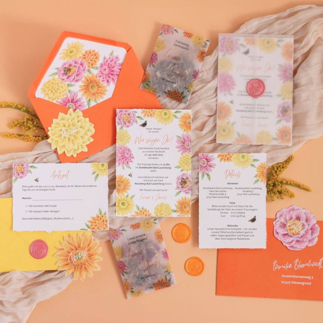 Ideen für Hochzeitseinladungen, Inspiration für eure Einladung zur Hochzeit, Gatefold-Einladung mit individueller Illustration der Location