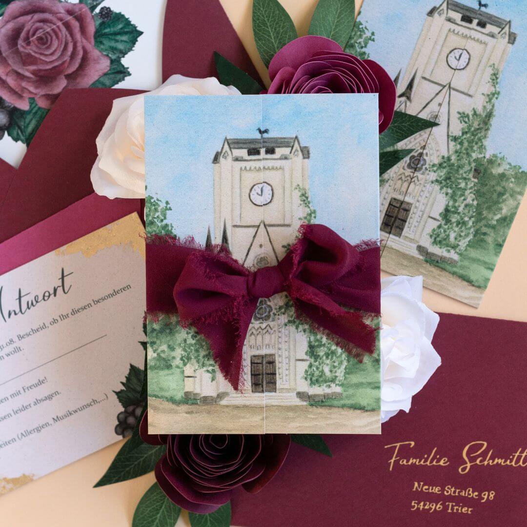 Ideen für Hochzeitseinladungen, Inspiration für eure Einladung zur Hochzeit, Gatefold-Einladung mit individueller Illustration der Location