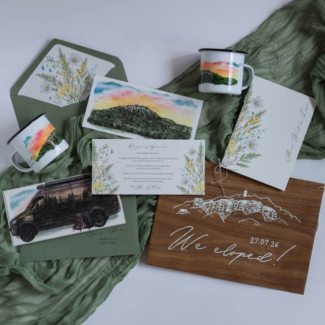 Ideen für Hochzeitseinladungen, Inspiration für eure Einladung zur Hochzeit, Gatefold-Einladung mit individueller Illustration der Location